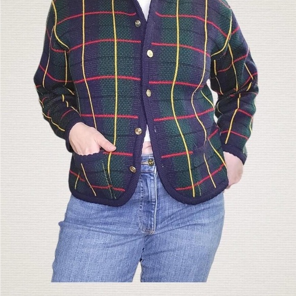 Vintage plaid cardigan sweater M Gold Button Knit navy academia old‎ money - Picture 3 of 11